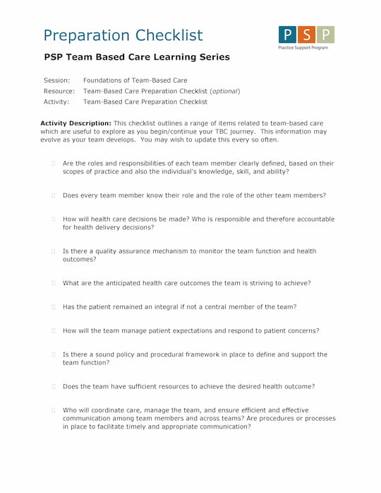 Team-Based Care Preparation Checklist - Thumbnail